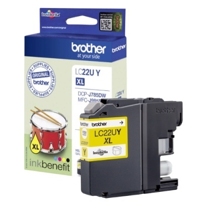Cartucho de tinta Brother LC22UY XL amarelo com embalagem azul e bege com tambor vermelho
