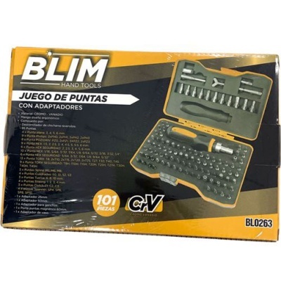 Caixa ferramentas BLIM jogo pontas adaptadores 101 peças preto amarelo