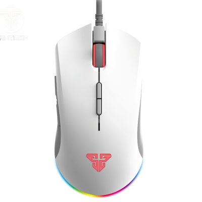 Rato de computador branco com luzes LED vermelhas e iluminação RGB base.