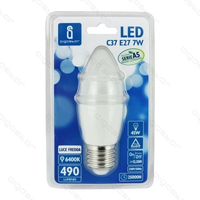 Lâmpada LED C37 E27 7W em embalagem com fundo azul e texto técnico