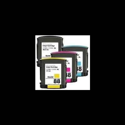 Conjunto de quatro tinteiros de impressora coloridos com etiquetas