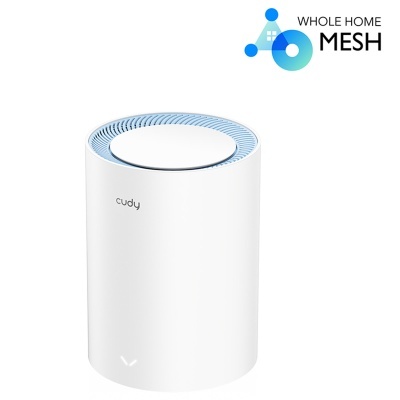 Roteador wi-fi branco cilíndrico marca cudy com grelha azul claro