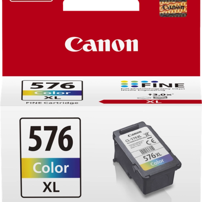 Cartucho de tinta Canon 576 Color XL em embalagem Pixma branca e vermelha