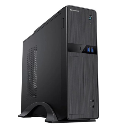 Computador de secretária Unyka preto com padrão escovado no painel frontal e portas USB azuis