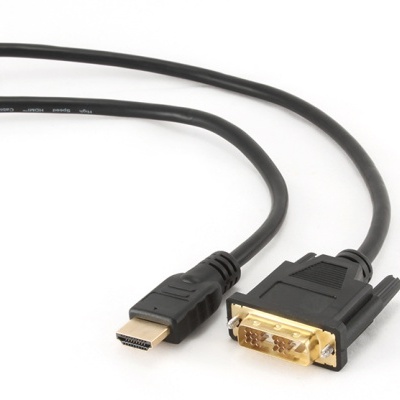 Cabo HDMI para DVI preto com conetores dourados em fundo branco