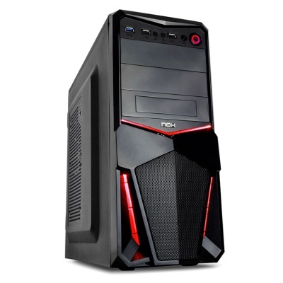 Caixa de computador preto com luzes LED vermelhas e portas USB no topo