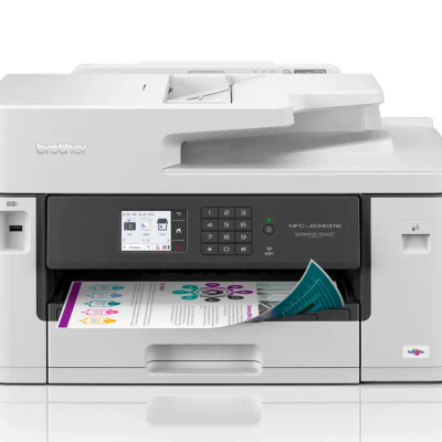 Impressora multifunções branca Brother MFC-J5340DW com visor colorido e teclado numérico