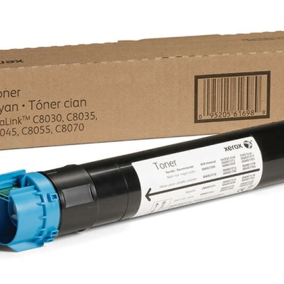 Toner cyan Xerox AltaLink com embalagem de cartão castanho e cilindro plástico preto com tampas azuis