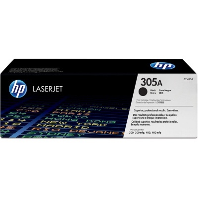 Caixa de toner HP LaserJet 305A preta modelo CE410A com texto e logótipo HP