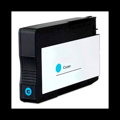 Cartucho de tinta preto com etiqueta branca e texto cyan