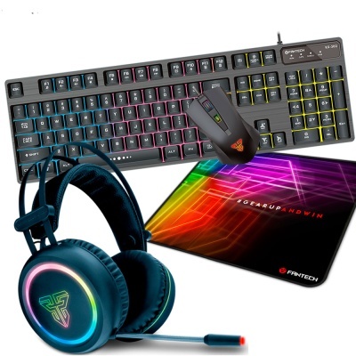 Conjunto de acessórios gaming com teclado, rato, headset e tapete colorido
