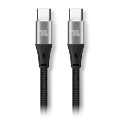 Cabo USB-C preto com conectores metálicos prateados e símbolo de raio