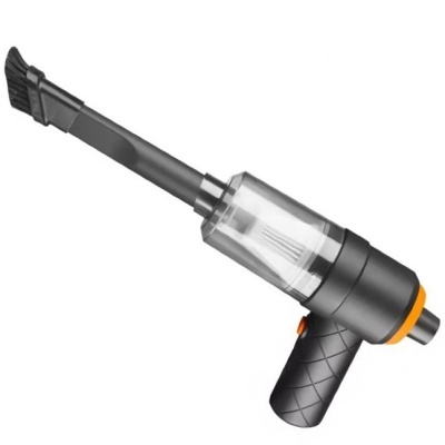 Ferramenta de limpeza pneumática preta com reservatório transparente e detalhes laranja