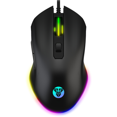 Rato de computador preto com iluminação RGB nas bordas e roda de scroll iluminada