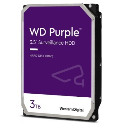 Disco rígido WD Purple 3.5 3TB com etiqueta roxa e branca