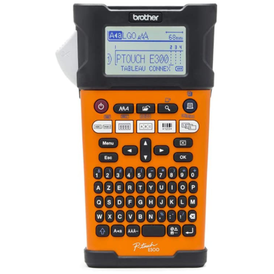 Impressora de etiquetas Brother P-touch E300 laranja com teclado AZERTY e ecrã digital