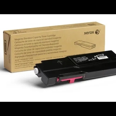 Toner de impressora Xerox preto com detalhe rosa e caixa de papelão marrom