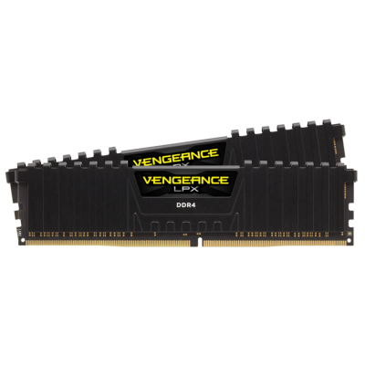 Dois módulos de memória RAM DDR4 Vengeance LPX preto com etiquetas amarelas e brancas