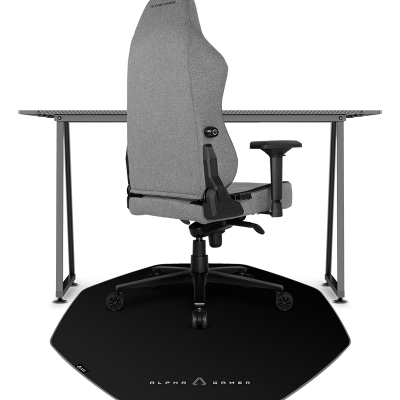 Cadeira de gaming cinza com base preta e texto ALPHA GAMER