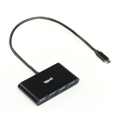 Hub USB preto com quatro portas USB e cabo USB tipo C