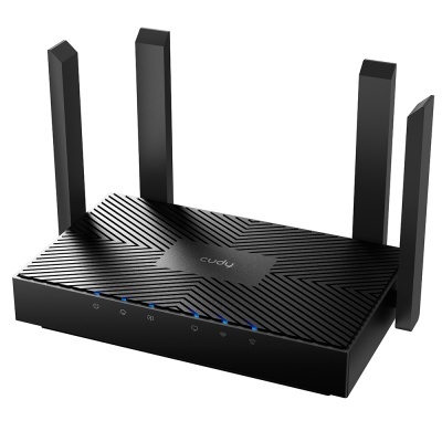 Roteador wifi preto com quatro antenas e luzes LED azuis