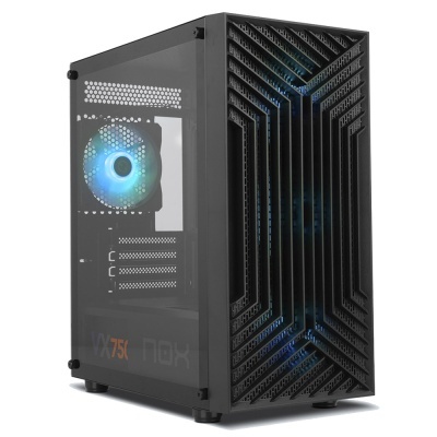 Computador torre preto com painel de vidro transparente e ventoinha azul