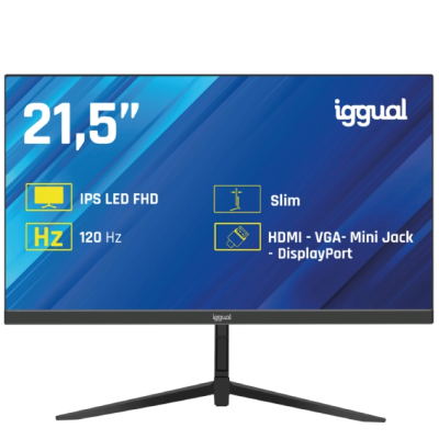 Monitor plano iggual de 21,5 polegadas com especificações técnicas em ecrã azul