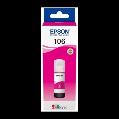 Tinta magenta Epson 106 EcoTank em embalagem branca e rosa