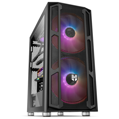 Computador desktop preto com ventoinhas LED RGB e painel lateral de vidro