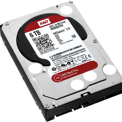 Disco rígido WD Red Pro NAS de 6 TB com etiqueta vermelha e branca e carcaça metálica