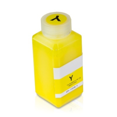 Frasco amarelo quadrado de plástico com etiqueta amarela e tampa branca translúcida