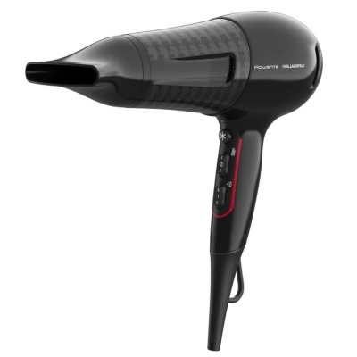 Secador de cabelo preto com detalhes em padrão carbono e texto branco Rowenta Karl Lagerfeld