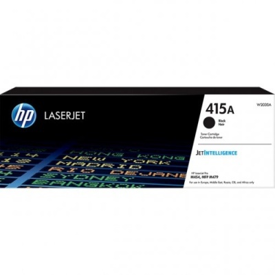 Cartucho de toner preto HP LaserJet 415A W2030A com embalagem preta, azul e branca