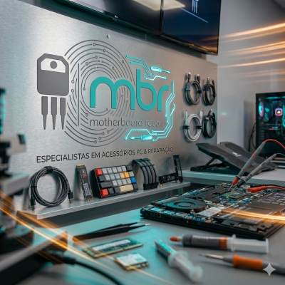 Painel metálico com logotipo e acessórios eletrónicos para reparação de motherboards