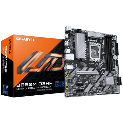 Placa-mãe Gigabyte B860M D3HP com caixa laranja e preta