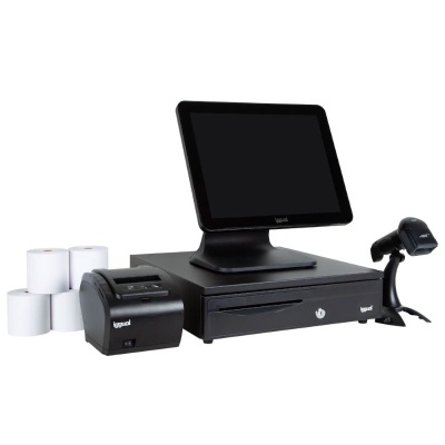 Sistema de ponto de venda preto com monitor, impressora, gaveta e leitor de código de barras