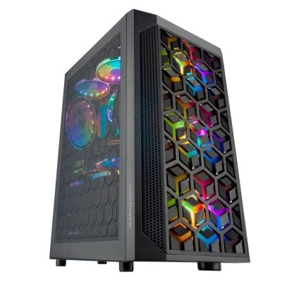 Computador torre preto com iluminação RGB e padrão geométrico frontal