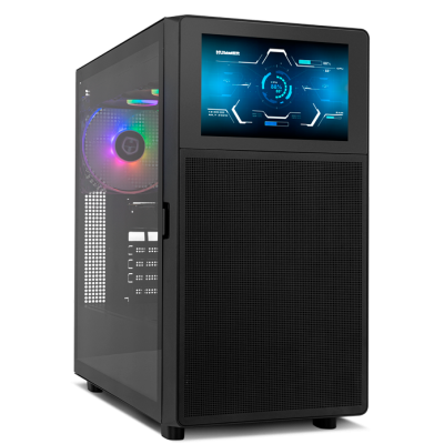 Computador desktop preto com ventilador RGB e ecrã digital frontal