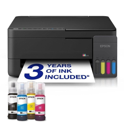 Impressora Epson preta com tinteiros ciano, magenta, amarelo e preto e quatro garrafas de tinta