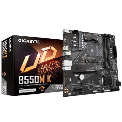 Placa-mãe Gigabyte B550M K preta com caixa preta e laranja