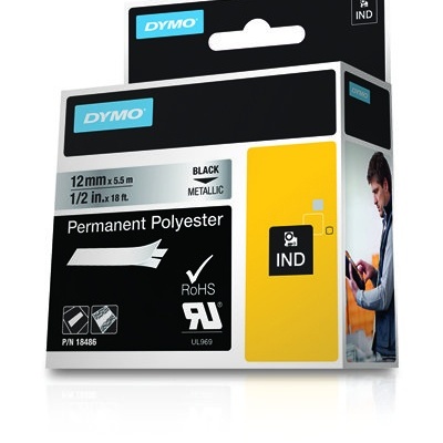Embalagem fita DYMO poliéster preta metálica 12 mm x 5,5 m