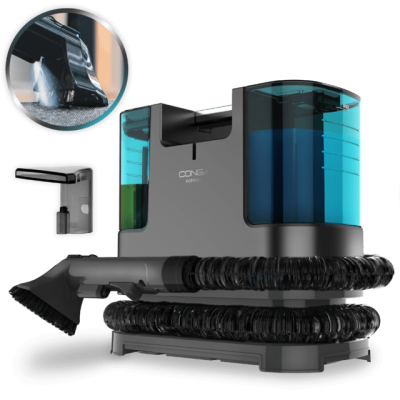 Aspirador de pó portátil OONGA POPSTAL com reservatórios azuis e verdes, escova e mangueira preta