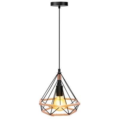 Candeeiro de teto metálico preto com corda natural e lâmpada visível