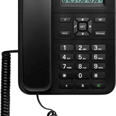Telefone fixo preto Motorola com ecrã digital e teclado numérico