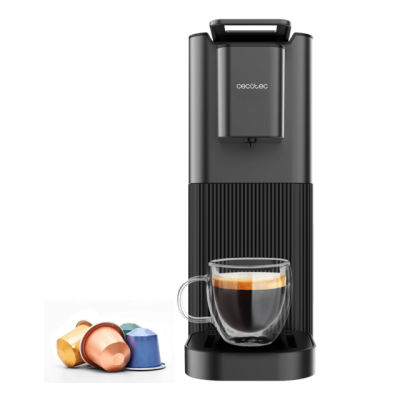 Máquina de café expresso preta Cecotec com copo de vidro e cápsulas coloridas