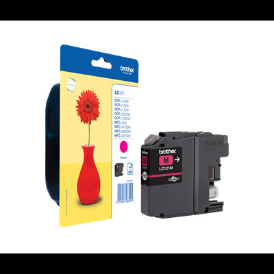 Cartucho de tinta Brother LC121M magenta com embalagem azul e amarela e imagem de vaso vermelho com flor