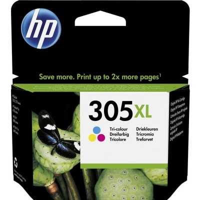 Embalagem preta e verde de tinteiro HP 305XL tri-cor com borboleta e plantas