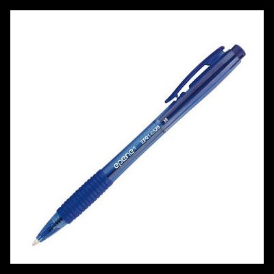 Caneta esferográfica azul com corpo translúcido e pega de borracha