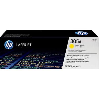 Caixa de cartucho HP LaserJet 305A amarela com logotipo HP.
