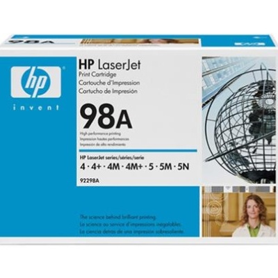 Caixa de toner HP LaserJet 98A azul e branco com globo e foto de mulher